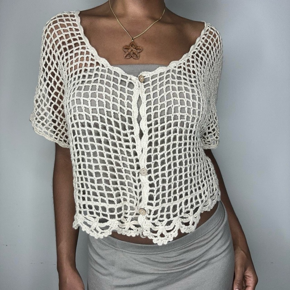 Ivory Crochet Mesh Button Up Cardigan